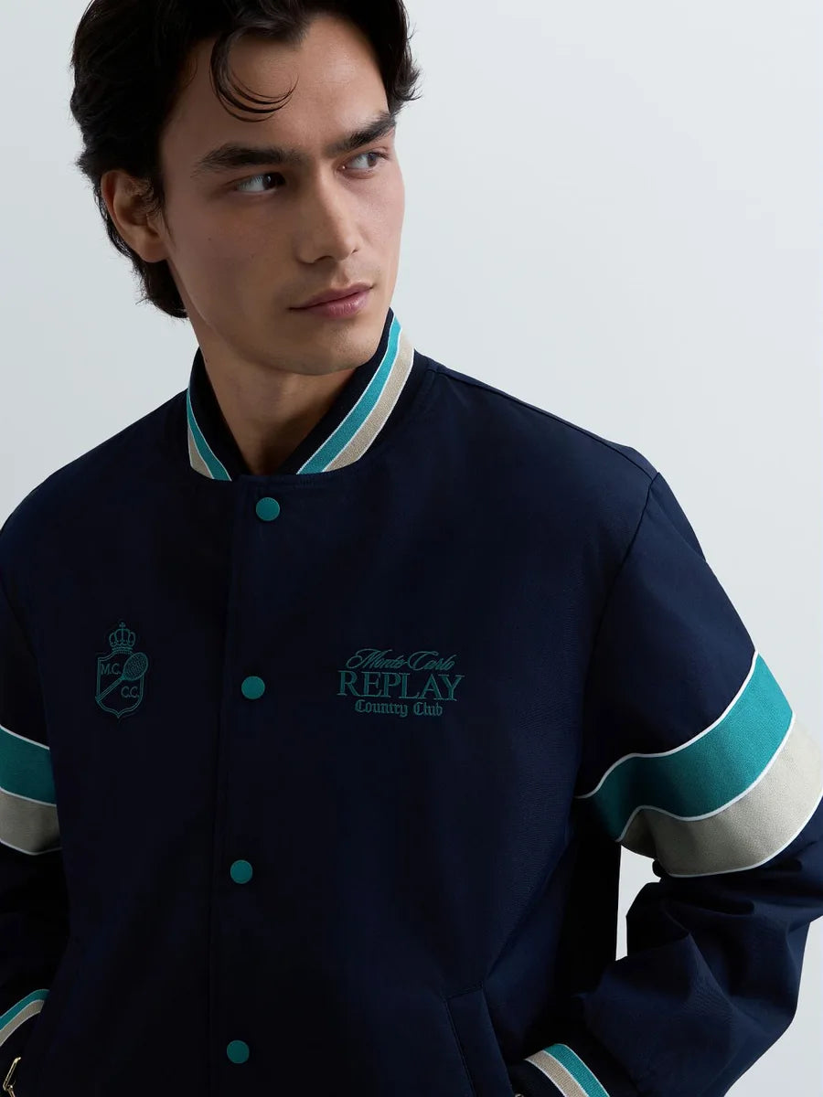 REPLAY MEN'S MONTE CARLO COUNTRY CLUB COLLECTION BOMBER JACKET WITH CONTRASTING BANDS